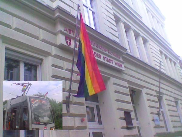 the Astrid-Lindgren Schule, a bilingual public elementary school, & a streetcar, flying rainbow flags  photos submitted by Larry L. Lash